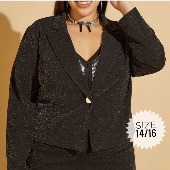 Plus ASHLEY STEWART Black Silver Lurex™ Cropped Jacket Blazer 14/16 - Picture 1 of 5
